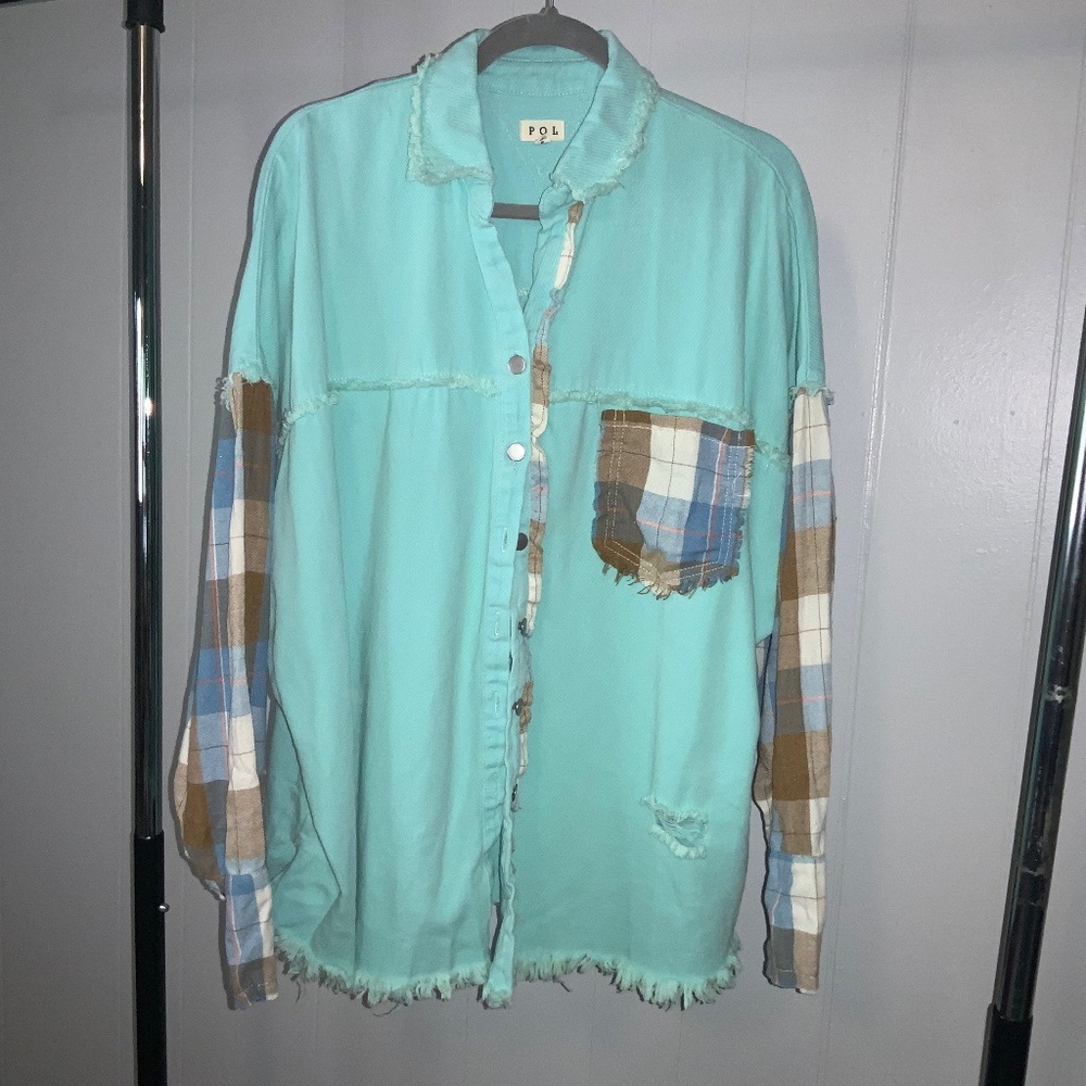 Pol Aqua Plaid Button Front Patchwork Shacket Sz … - image 1